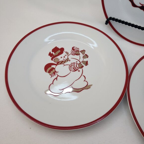 Set Of 3 Vintage Snowman Dessert Plates Red & White Christmas Design 8" - Picture 3 of 6